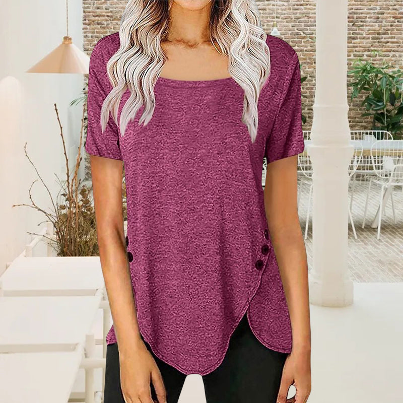 Square Neck Button Asymmetric T-Shirt