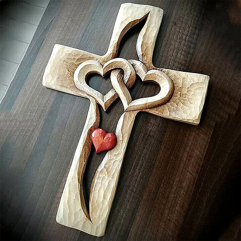 Carved Wooden Cross Intertwined Hearts