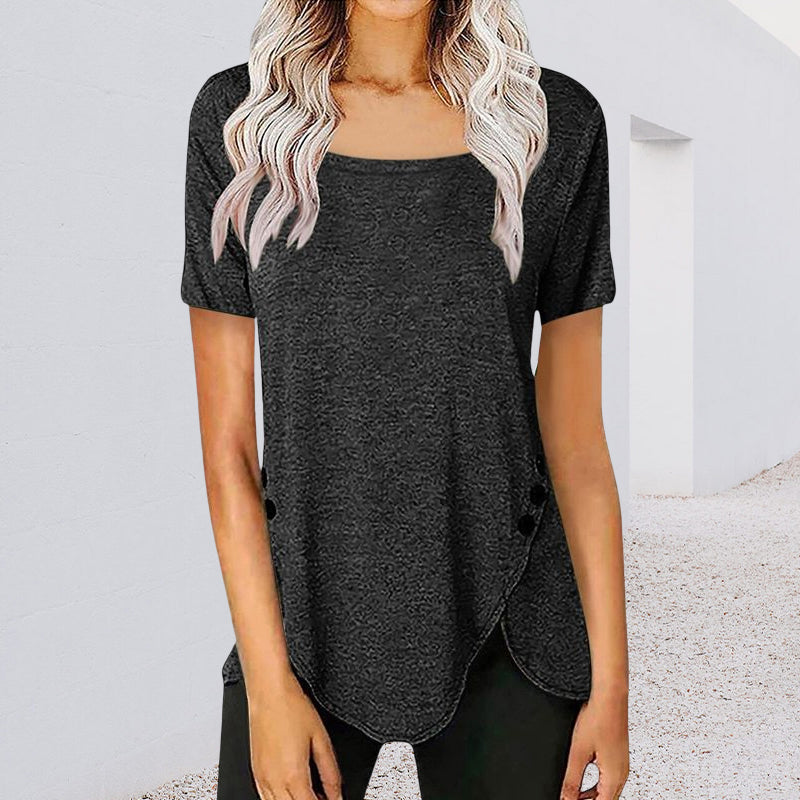 Square Neck Button Asymmetric T-Shirt