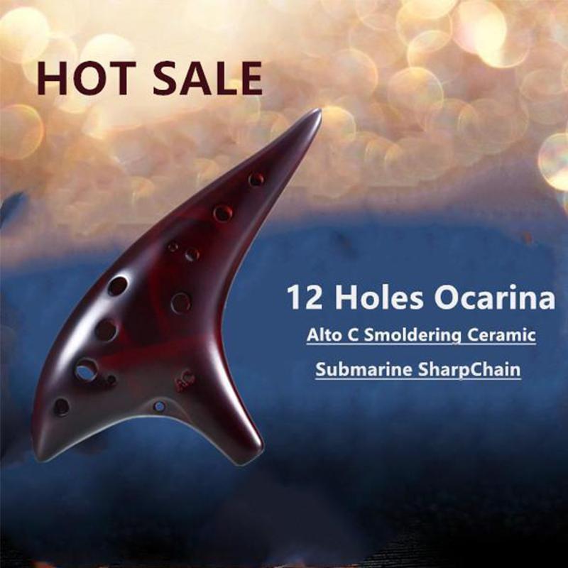 12 Holes Ocarina Alto C Smoldering Ceramic Submarine SharpChain +Display BaseS