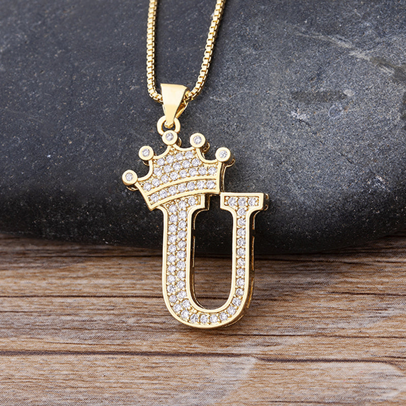 New Luxury A-Z Crown Alphabet Pendant Chain Necklace