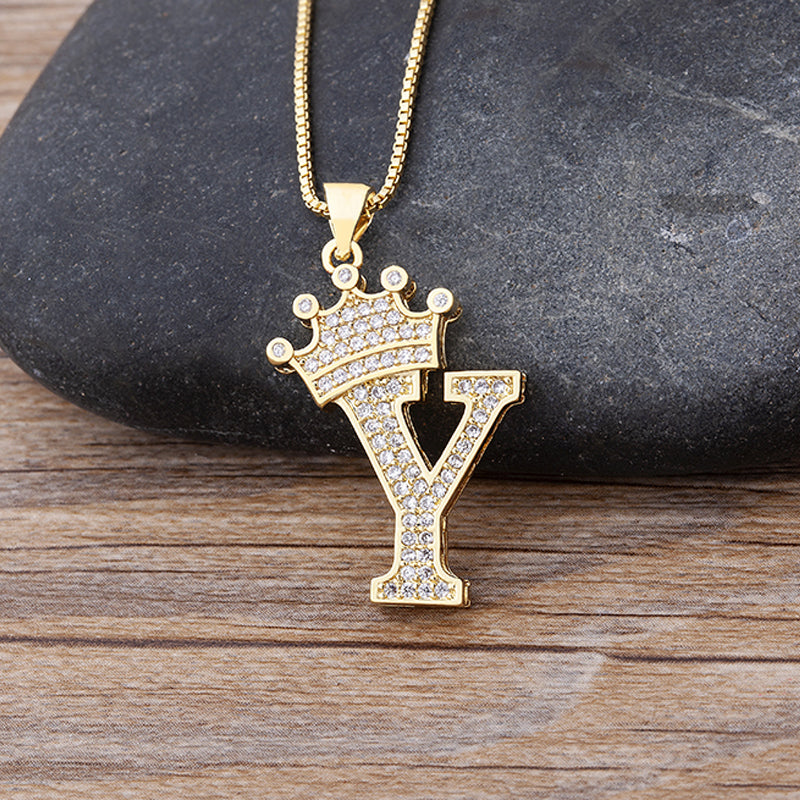New Luxury A-Z Crown Alphabet Pendant Chain Necklace