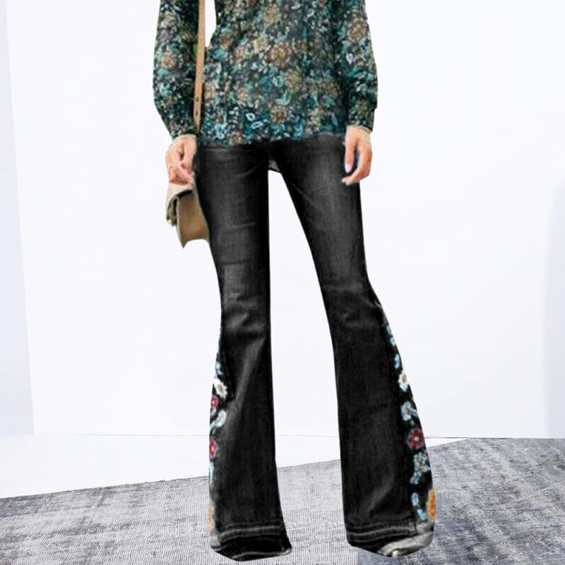2021 New Fashion Gradient Flower Printed Jeans Flared Pants