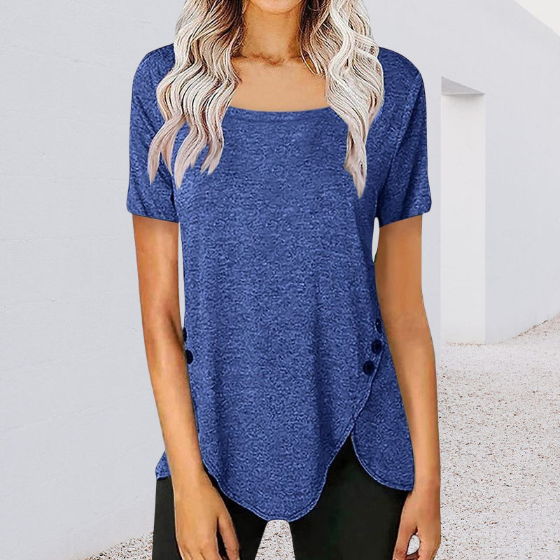 Square Neck Button Asymmetric T-Shirt