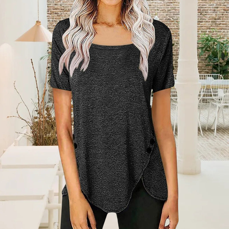 Square Neck Button Asymmetric T-Shirt