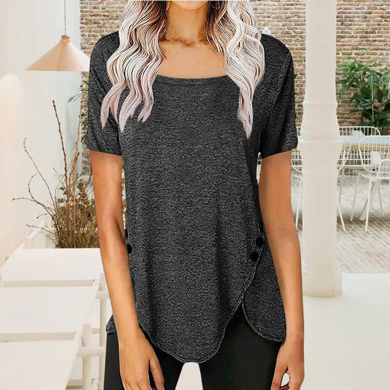 Square Neck Button Asymmetric T-Shirt